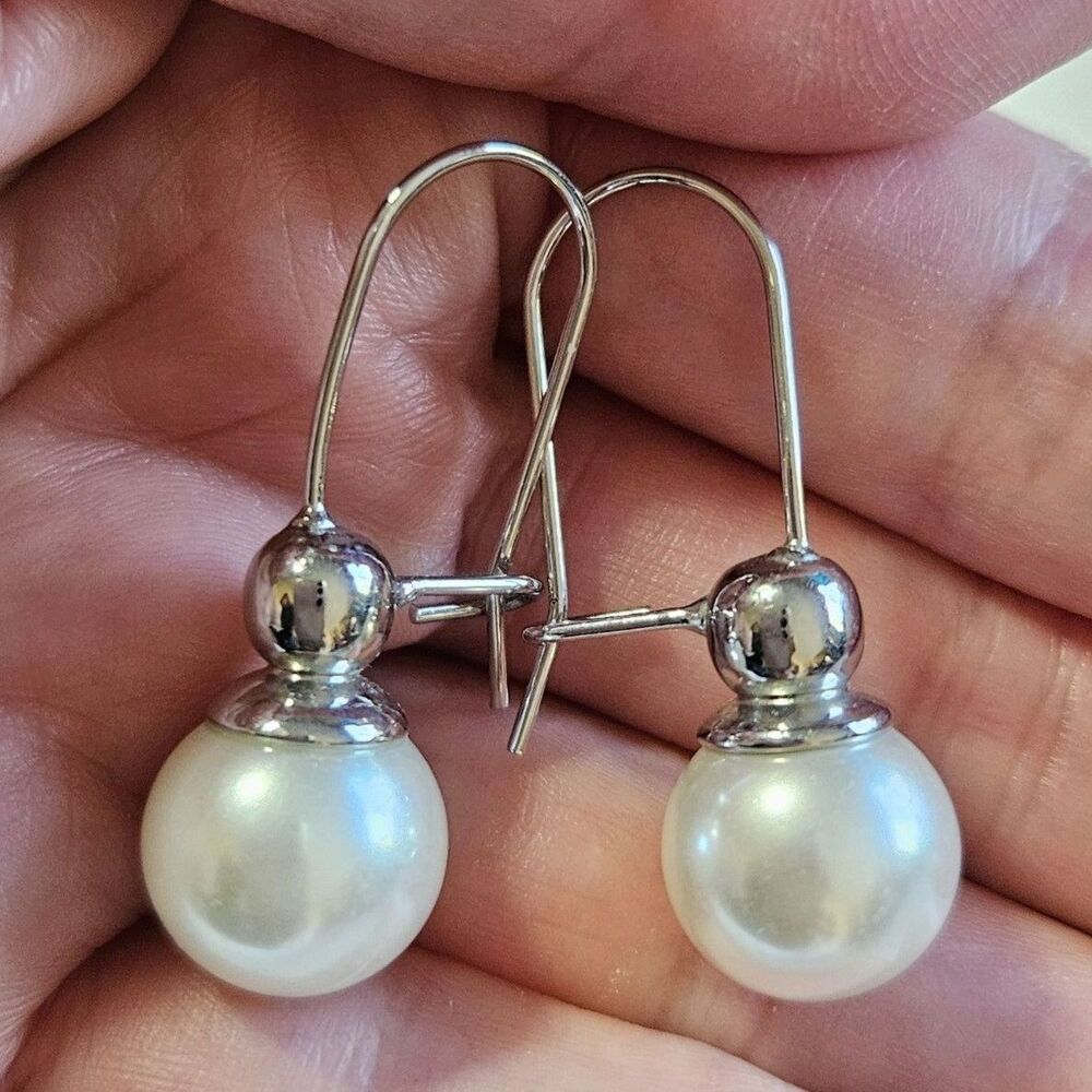 Silver Tone Large Faux Pearl Dangling Earrings